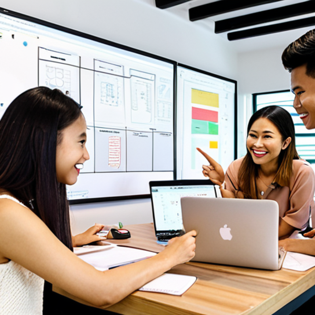 **

A brightly lit co-working space in Bangkok. Several young Thai professionals are collaborating around a table, laptops open, smiling and engaged. One is pointing at a SWOT analysis diagram on a whiteboard. Modern, stylish decor with Thai design elements in the background. Focus on collaboration and a positive learning environment.

**