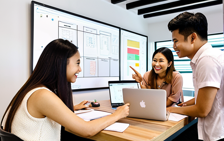 **

A brightly lit co-working space in Bangkok. Several young Thai professionals are collaborating around a table, laptops open, smiling and engaged. One is pointing at a SWOT analysis diagram on a whiteboard. Modern, stylish decor with Thai design elements in the background. Focus on collaboration and a positive learning environment.

**