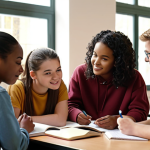 ** A diverse group of students studying together, some explaining concepts to each other, in a bright and collaborative atmosphere. Focus on the positive energy and shared learning.

**