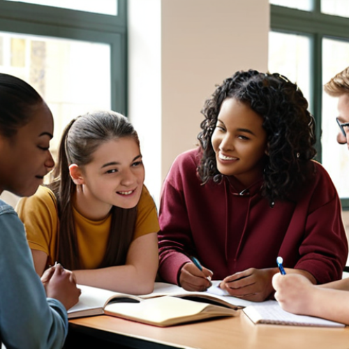 Home 10 ** A diverse group of students studying together, some explaining concepts to each other, in a bright and collaborative atmosphere. Focus on the positive energy and shared learning.
**