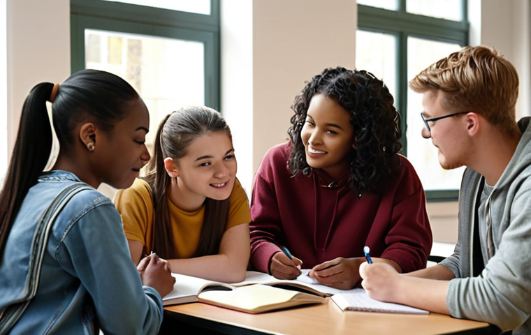 ** A diverse group of students studying together, some explaining concepts to each other, in a bright and collaborative atmosphere. Focus on the positive energy and shared learning.

**