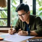 Home 17 전략경영 자격증 취득 방법 - A focused Thai adult student sitting at a wooden desk in a cozy room filled with books and study mat...