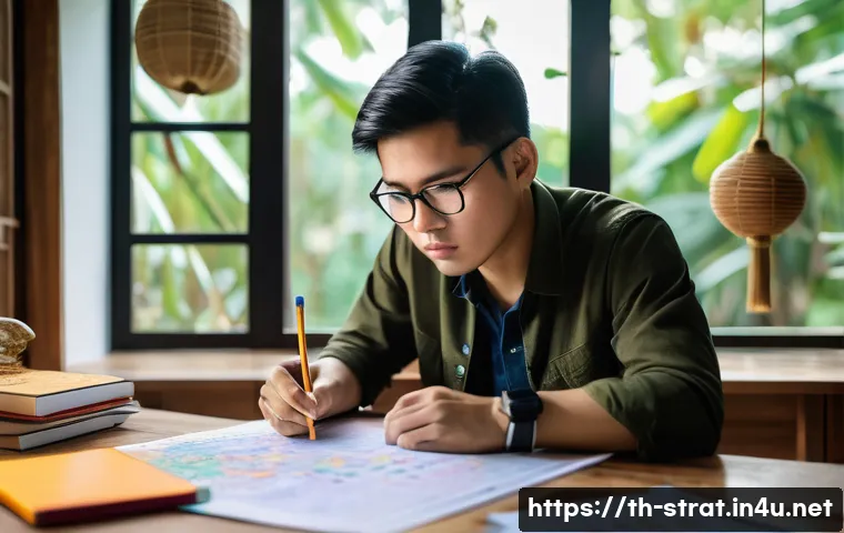 전략경영 자격증 취득 방법 - A focused Thai adult student sitting at a wooden desk in a cozy room filled with books and study mat...