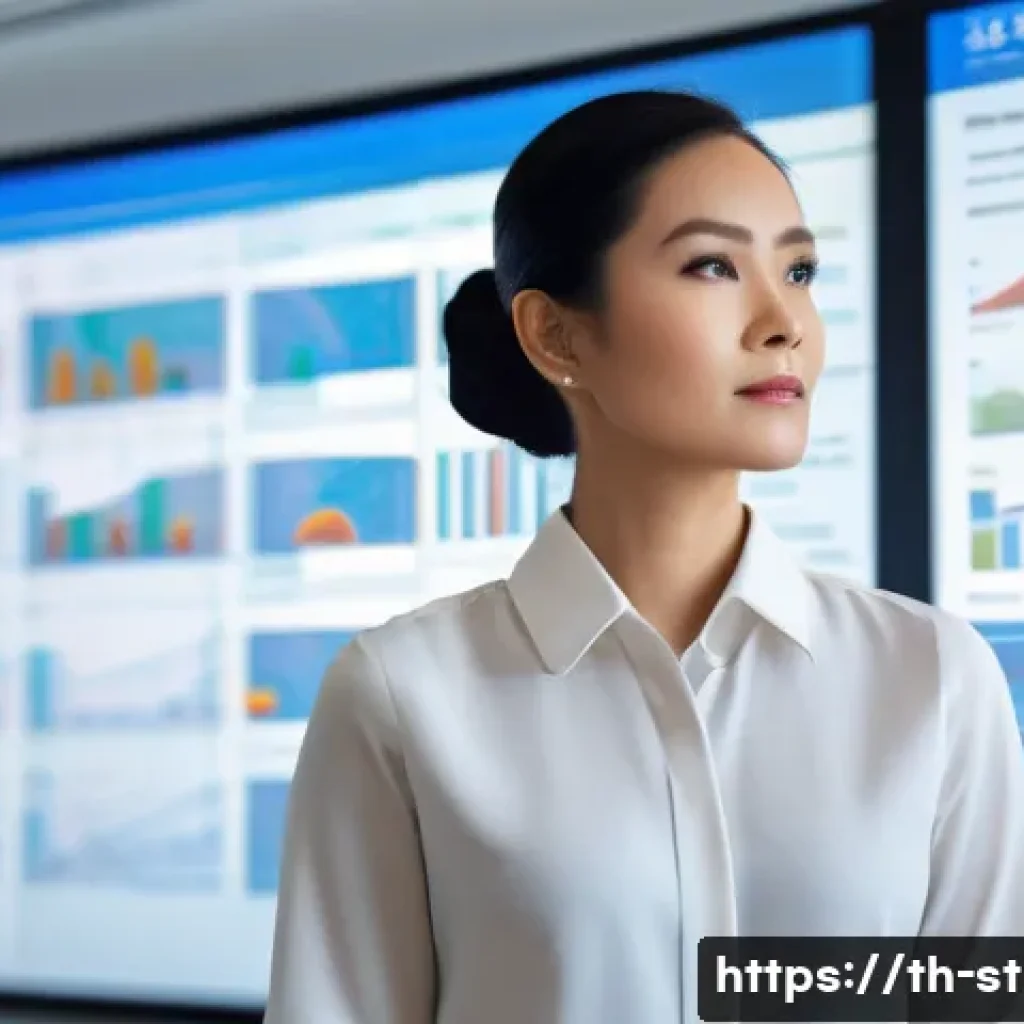 전략경영 이직 후 정착 팁 - A professional Thai businesswoman in a modern office environment, attentively analyzing a large digi...