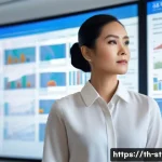 Home 16 전략경영 이직 후 정착 팁 - A professional Thai businesswoman in a modern office environment, attentively analyzing a large digi...