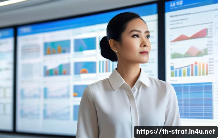 전략경영 이직 후 정착 팁 - A professional Thai businesswoman in a modern office environment, attentively analyzing a large digi...