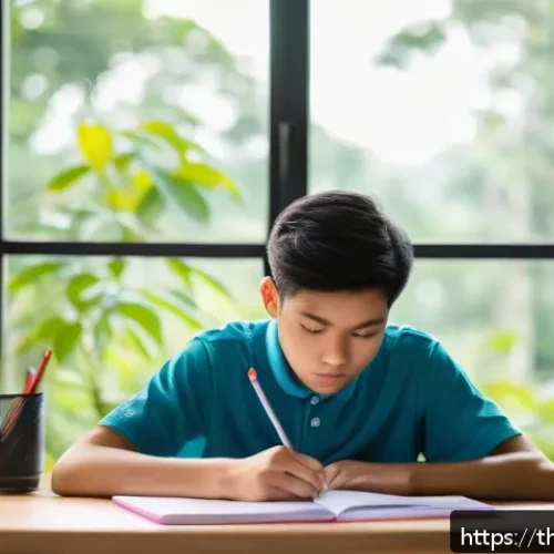 Home 15 전략경영 실기 준비물 체크리스트 - A focused Thai student studying at a clean, well-lit desk in a quiet room with natural sunlight stre...