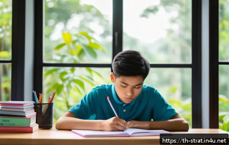 전략경영 실기 준비물 체크리스트 - A focused Thai student studying at a clean, well-lit desk in a quiet room with natural sunlight stre...